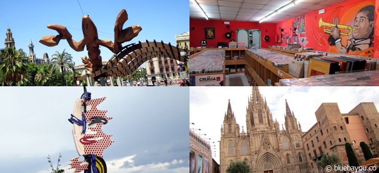 First impressions of Barcelona: coastal walk, vintage shop, sculpture, and cathedral.
