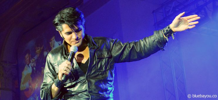 Dean Z as Elvis Presley: wearing the leather suit of the ’68 Comeback Special for the Blackpool concert.